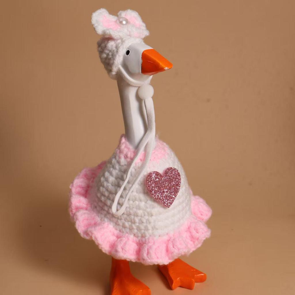 Christmas Goose Figurine Set with Hand-Crocheted Mini Pet Hats
