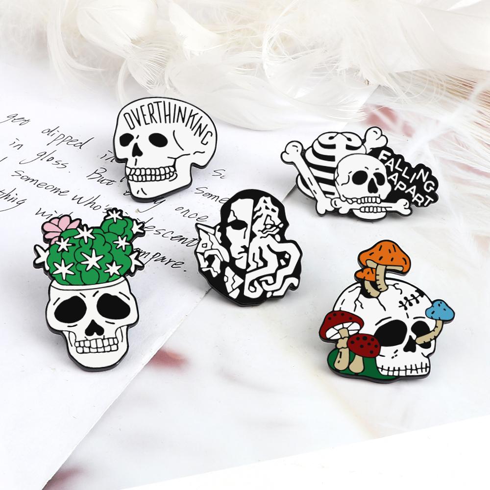 Skull Series Punk Gothic Badge Skeleton Flower Potted Brooch Denim Lapel Bag Enamel Pins Gift for Friend Party Halloween Jewelry