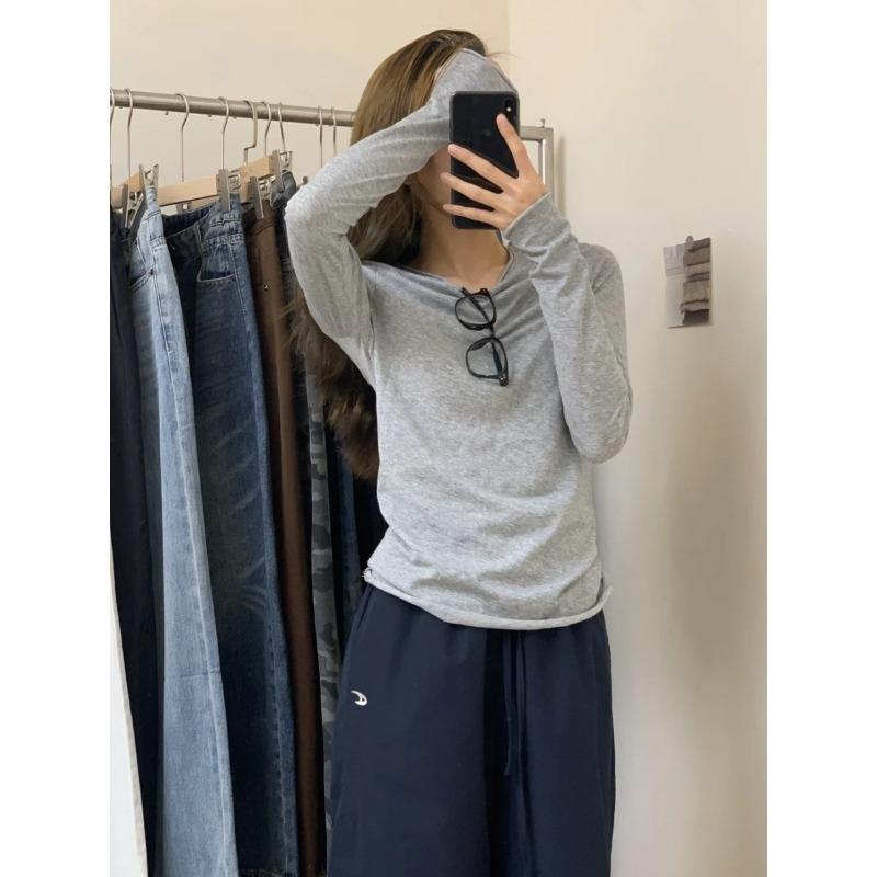 

Crew neck long-sleeved T-shirt women s white bottoming shirt spring sunscreen blouse thin slightly transparent slim-fitting top XL серый