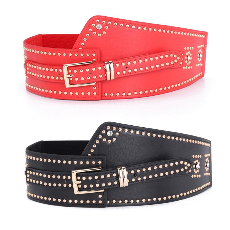 Elastic Waist Seal Ladies Pin Buckle Waist Retro Point Drill Rivet Design Dress Decorative Elastic Wide Belt