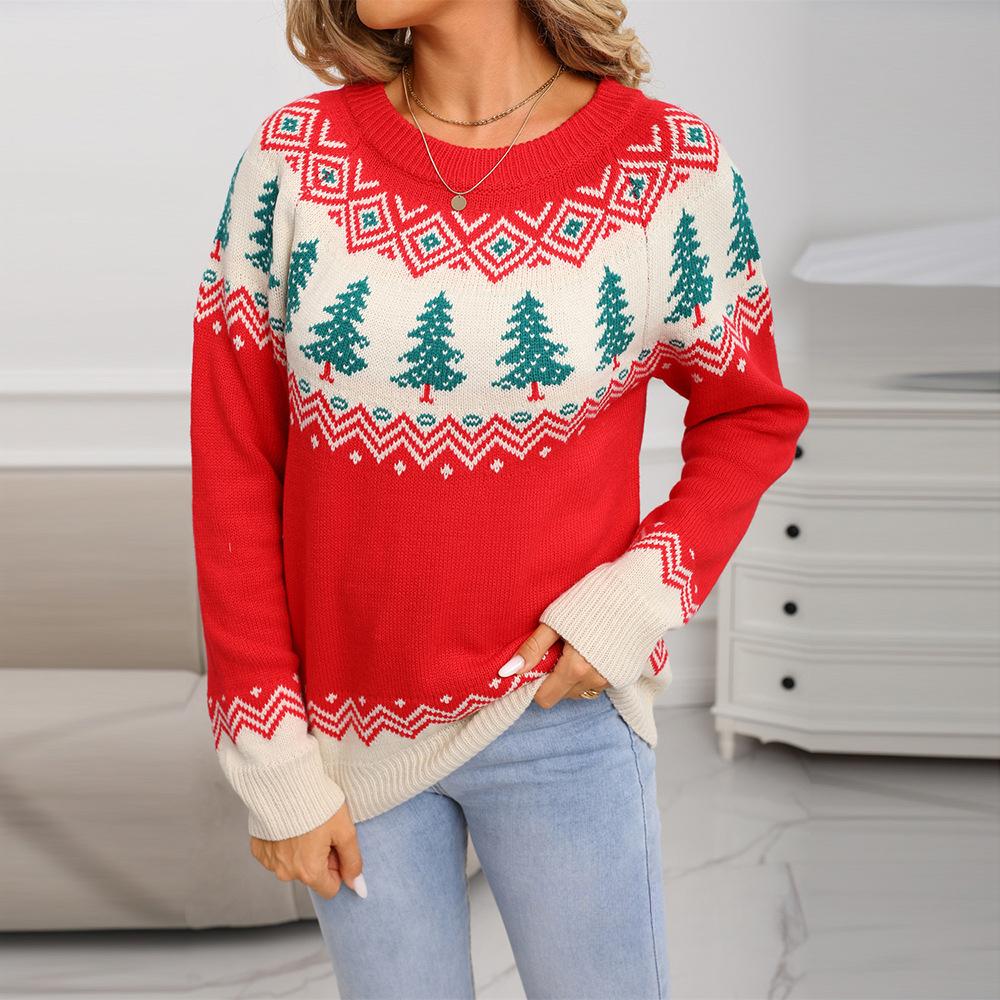 Jacquard Women's Christmas Tree Pullover Knitted Christmas Sweater Casual Loose Long-sleeved Top