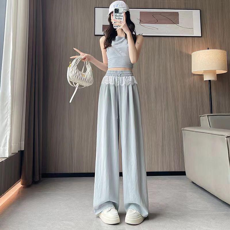 High-Waist Lace Splice Women's Spring/Summer Loose Straight-Leg Pants