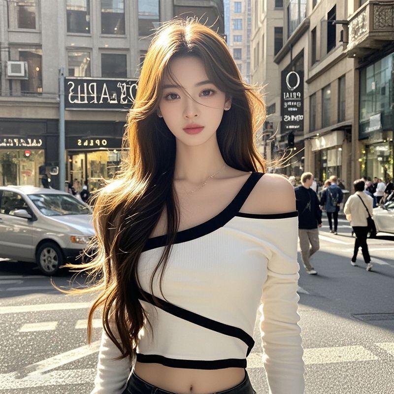 2024 Slim Fit Hollow Out Off-Shoulder Long-Sleeve T-Shirt for Early Autumn Fashion