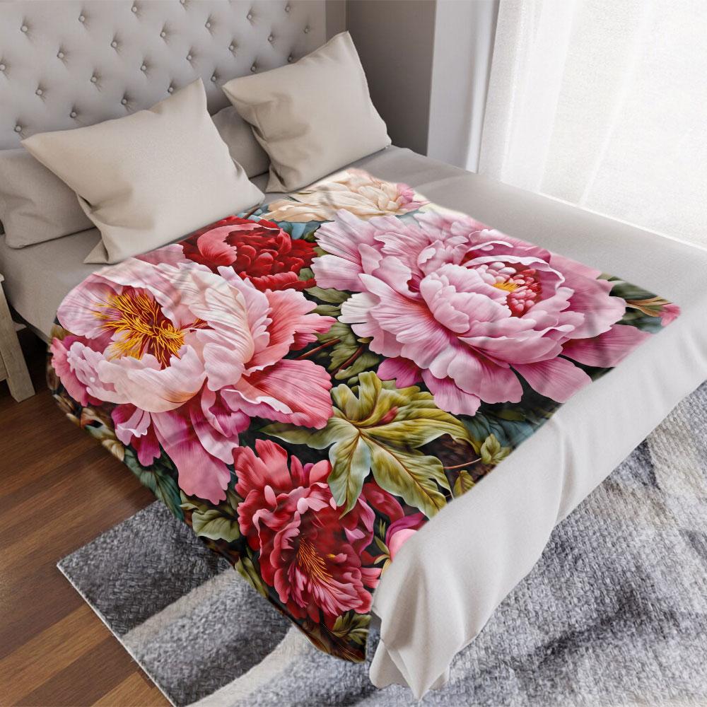 Peony Blush & Red Floral Throw Blanket - Soft, Lush Textured Design with Pink/Red Peonies, Golden-Yellow Stamens, Green Leaves -