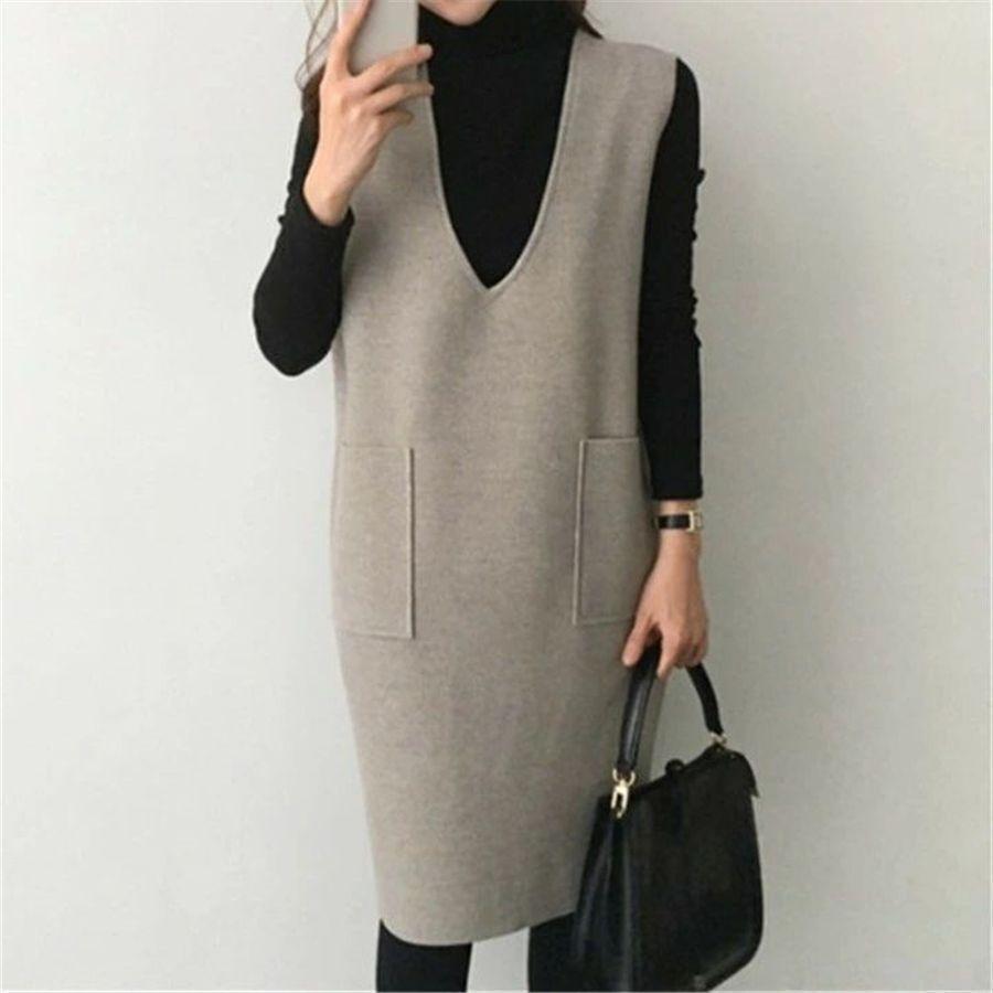 Women's Autumn and Winter Solid Color Loose Vest Skirt Solid Color V-Neck Elegant Commuter Pullover Dresses
