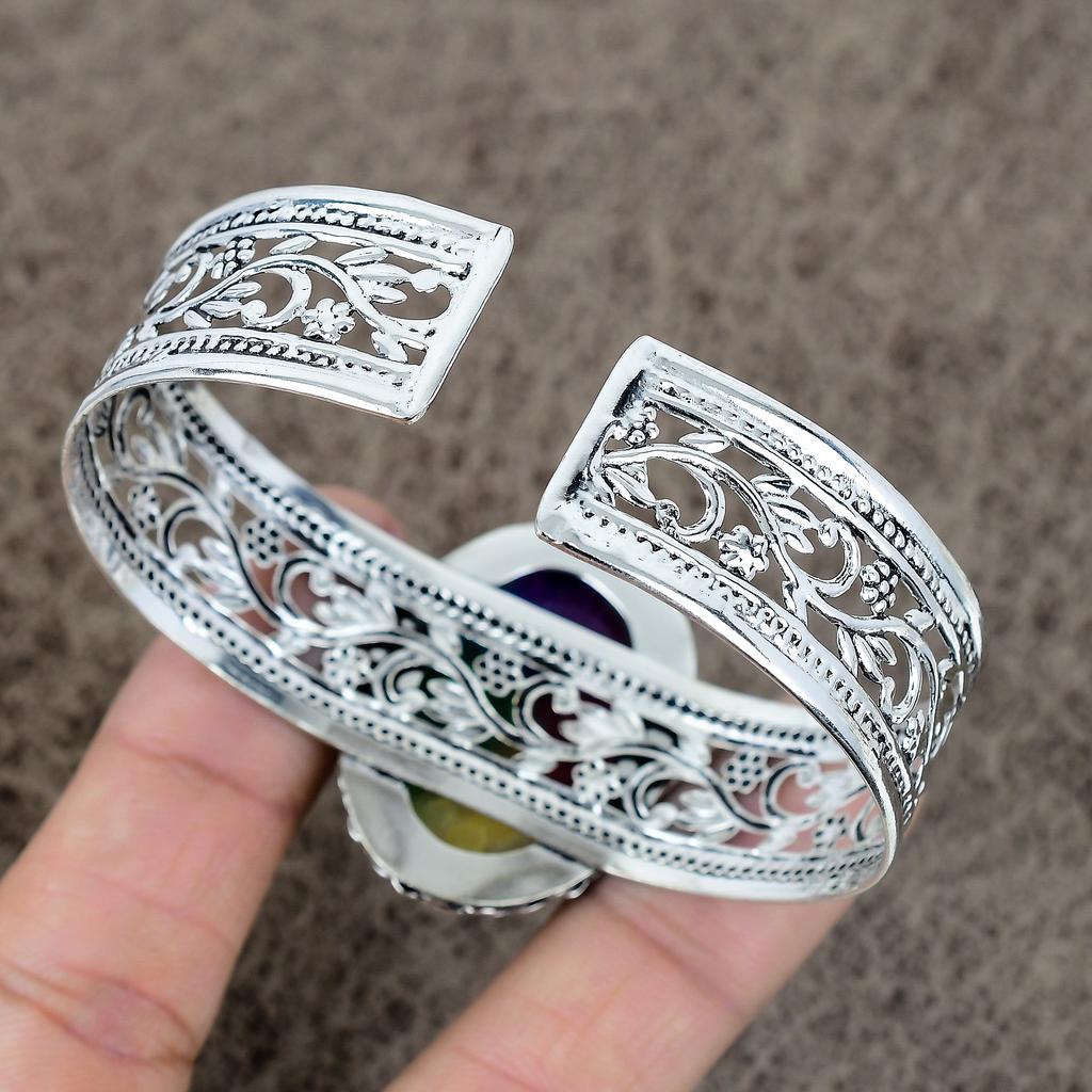 Rainbow Solar Quartz Gemstone 925 Sterling Silver Cuff Bangle Adjustable KKG-187