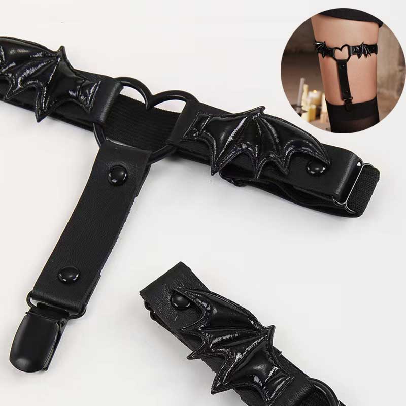 1Pair Women Gothic Heart Shape Thigh Garter With Bat Wing Punk Leg Garter Belt Anti-slip Stocking Clip Nightclub Party Leg Chain