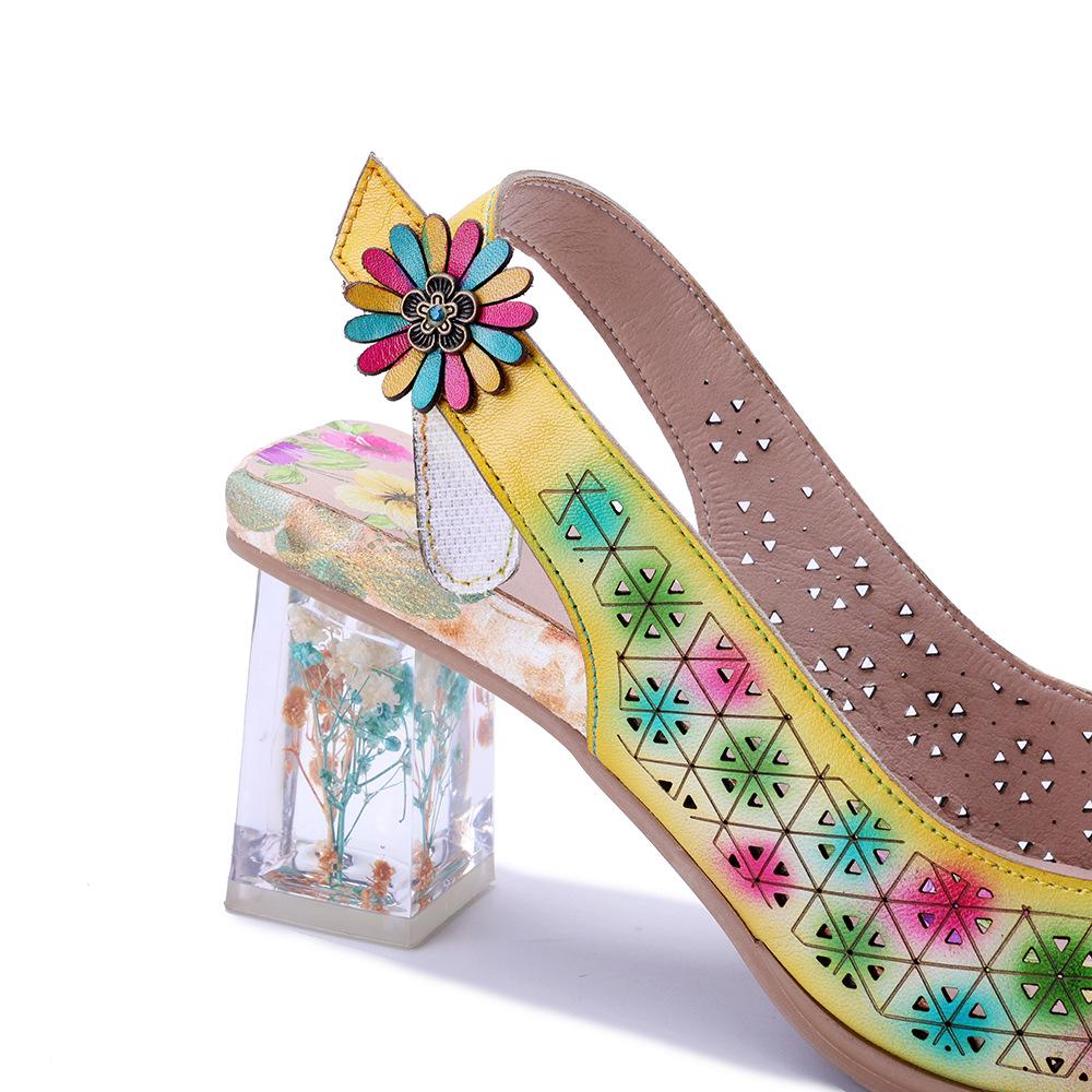 Johnature Genuine Leather Retro Baroque Style Hollow Out Colorful Three-dimensional Flower High-heeled Sandals