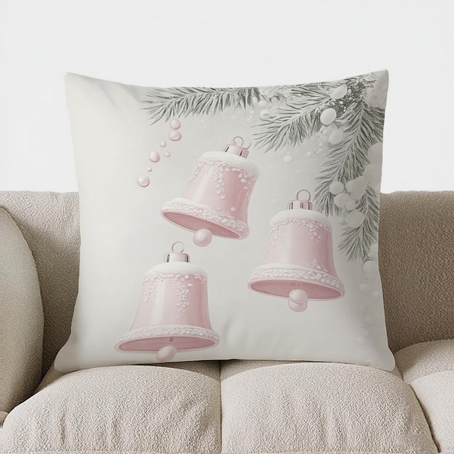 Home Decor Pink Christmas Bells And Pine Branch Pillow Pattern Cushion Cover Suitable For Sofa Bedroom Car Pillow Cover