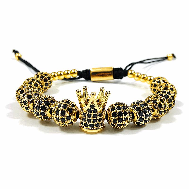 European  American Style 8mm CZ Zirconia Diamond Ball Crown Woven Beaded Bracelet for Men  Women, Punk Style 8mm