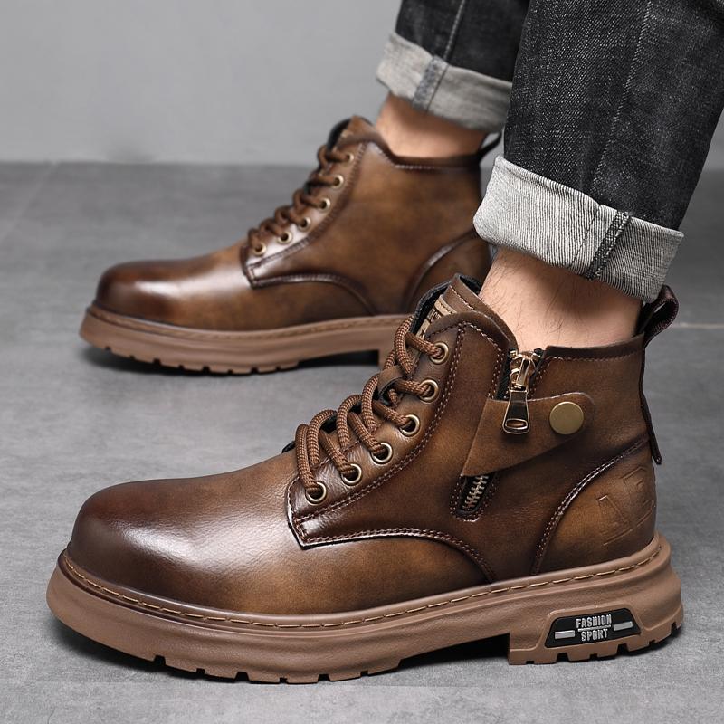 Fashion 2024 New British Style Ankle Boots Men Outdoor Shoes Cargo Wear Casual High Quality Leather Boots Men's Non-slip Motorized Boots