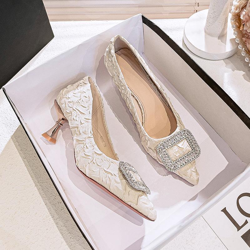 

White high heels women s thin heels 2025 new spring and autumn women s shoes French wine glass and rhinestone square buckle pointed single shoes 35