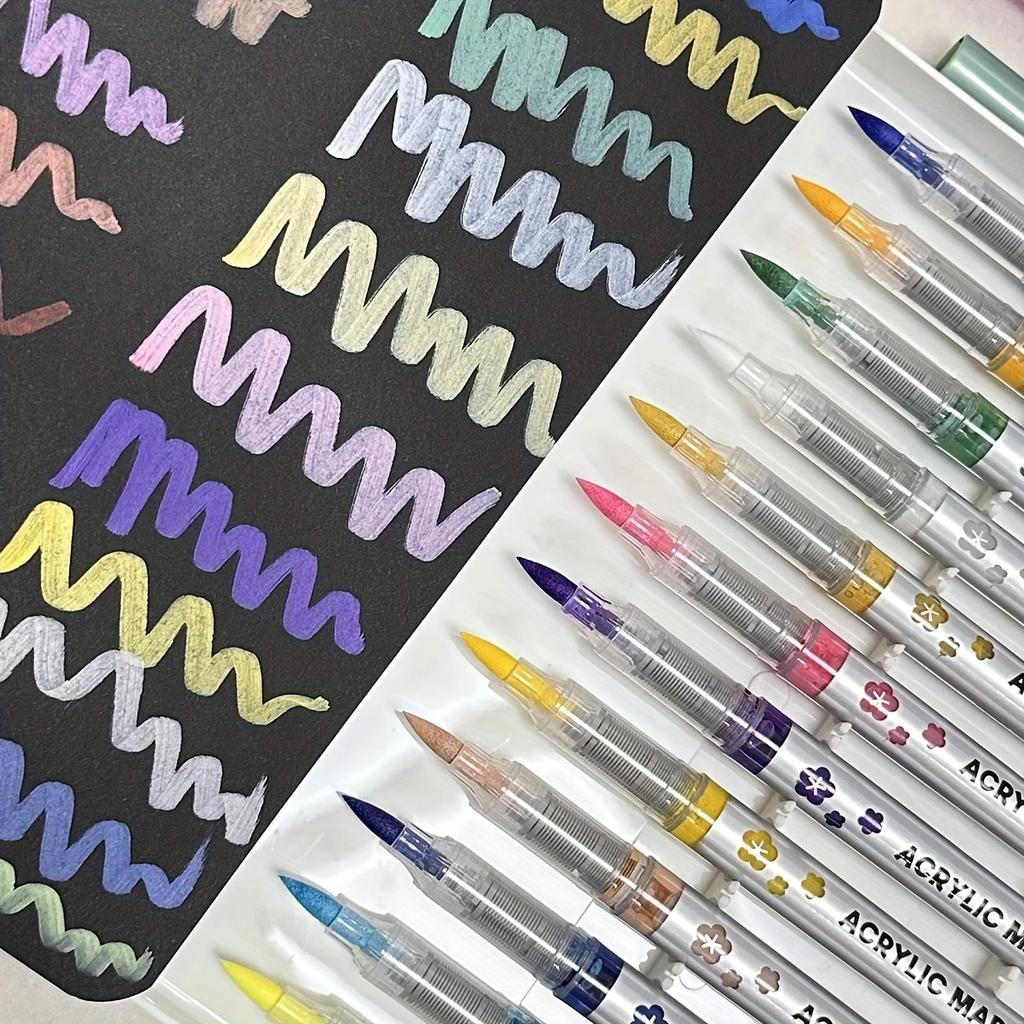 48 Colors Straight Liquid Acrylic Paint Marker Pens with Soft Brush Tip - Non-bleeding, Layerable, for Fabric, Canvas, Rock