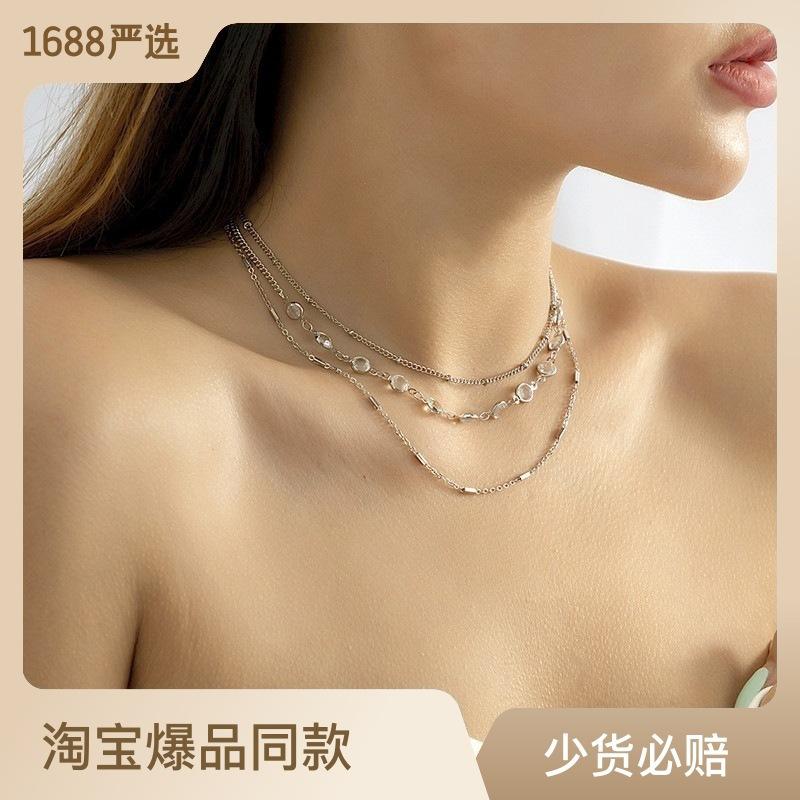 Fashion temperament clip ball chain metal accessories, multi-layer cold wind crystal collarbone chain necklace
