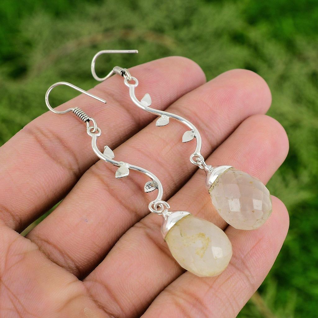 Crown Chakra Natural Rainbow Moonstone Wife Engagement Drop Earrings 925 Silver