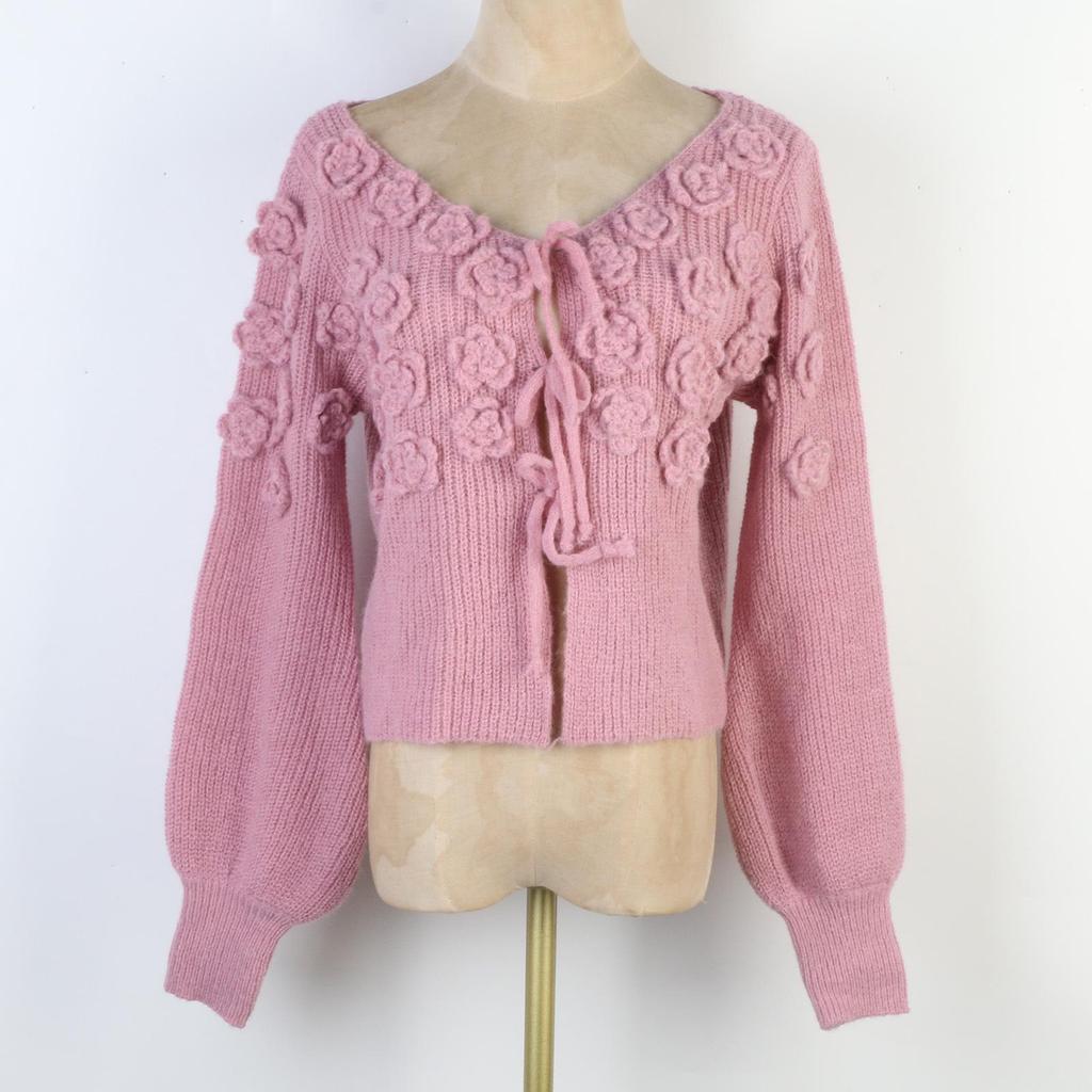 Chic Handmade French Style V-Neck Crochet Sweater for Women - Autumn/Winter Collection
