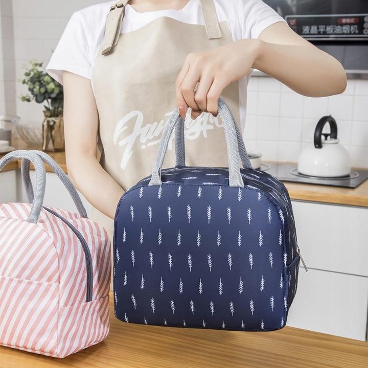 Torebka Termiczna Lunch Box Piknik Izolowana Na Jedzenie Granatowa Jodełka