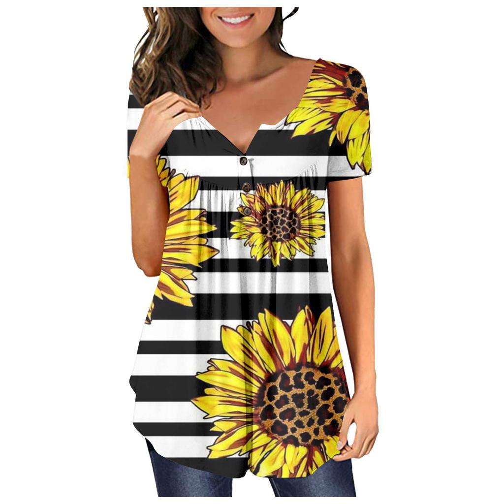 Damen-Pullover, lässig, modisch, Übergröße, bedruckt, kurzärmelig, Knopfleiste, V-Ausschnitt