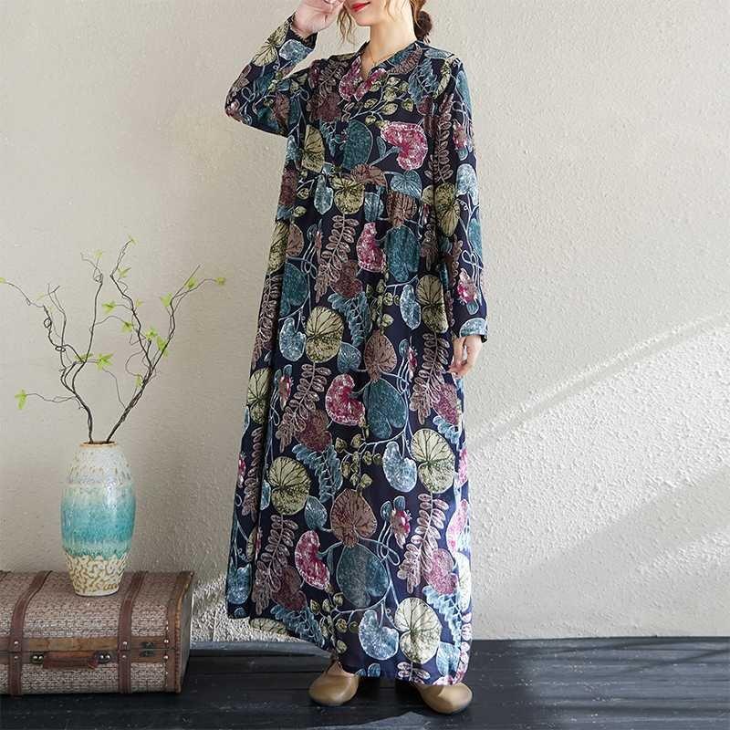 Real Spring and Summer New Retro Cotton and Linen Printing Loose Casual Fungus Lace Collar Long-sleeved Big Swing Dress