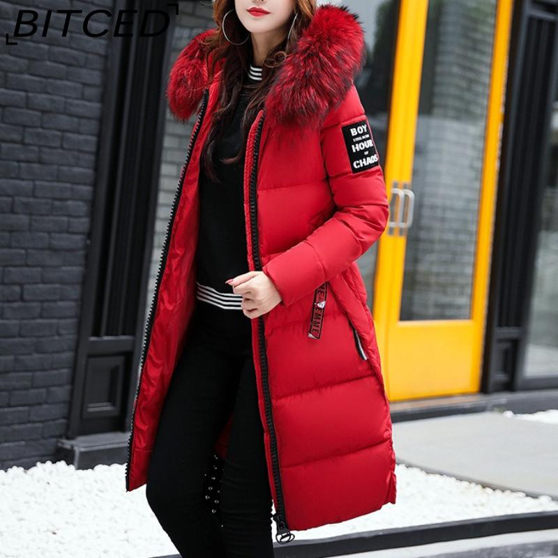 BITCED Autumn/Winter Women's Long-Length Cotton Coat with Hood and Large Fur Collar Down-Filled Cotton-Blend Padded Jacket