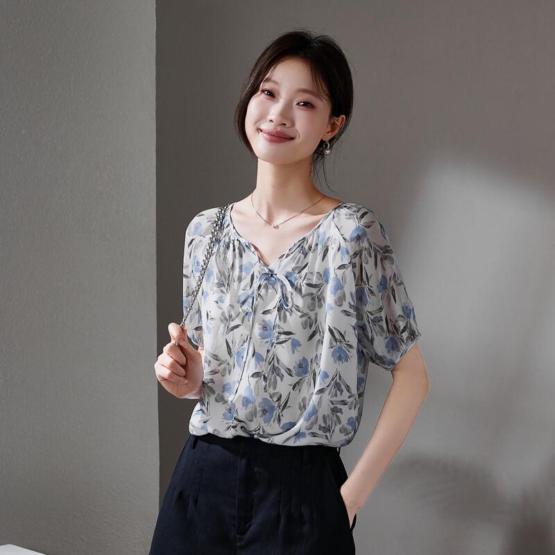 SOFSIL 2026 Summer Mulberry Silk Floral Print V-Neck Short Sleeve Blouse L