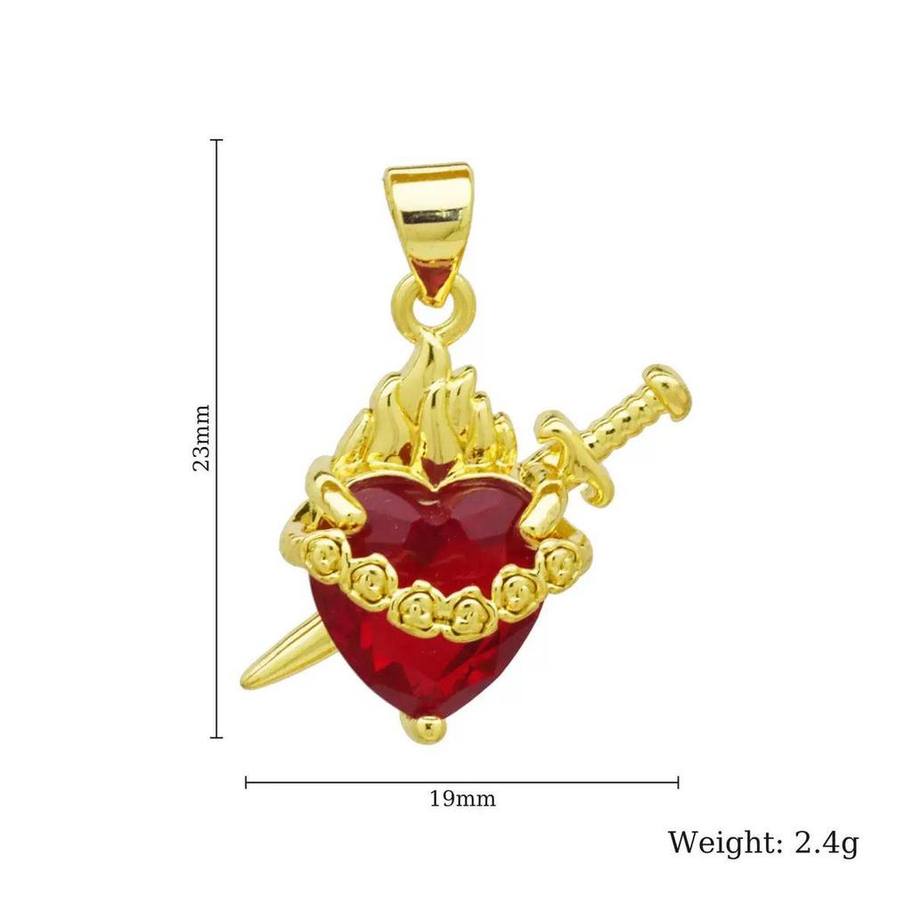 European & American Red Heart Zirconia Cross Pendant Necklace, Gold-Plated Copper, Peach Heart Design for Women.