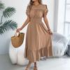 Women's Fashionable Casual Color Off Shoulder Black Fungus Edge Short Sleeved Pleated Waist Dress