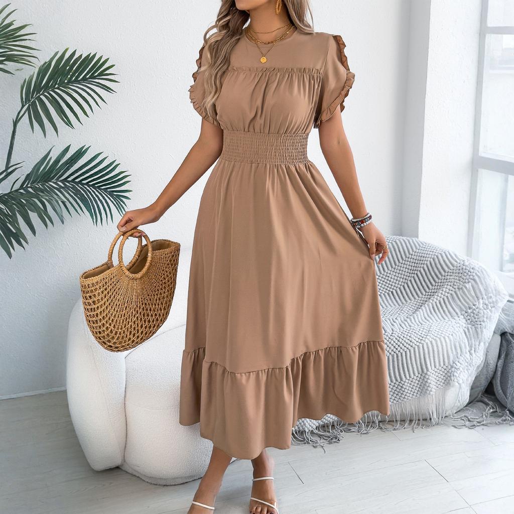 Women's Fashionable Casual Color Off Shoulder Black Fungus Edge Short Sleeved Pleated Waist Dress
