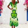 Women Plus Size V Neck Short Sleeve Dark Green Clover Printed Long Dress