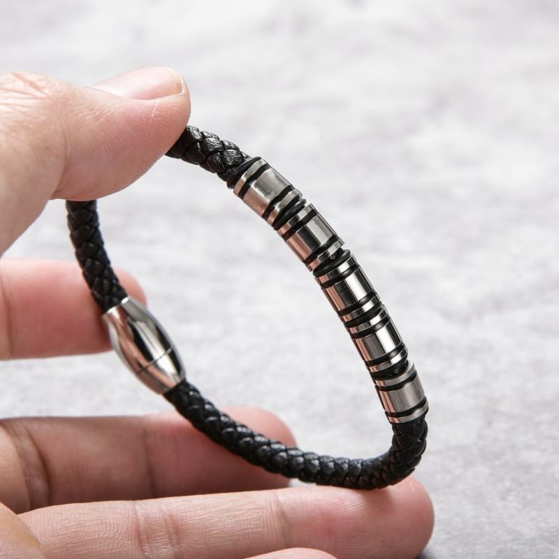 Stainless Steel Braided Leather Bracelet Men Magnetic Clasp Geometric Design Titanium Unisex Wristband
