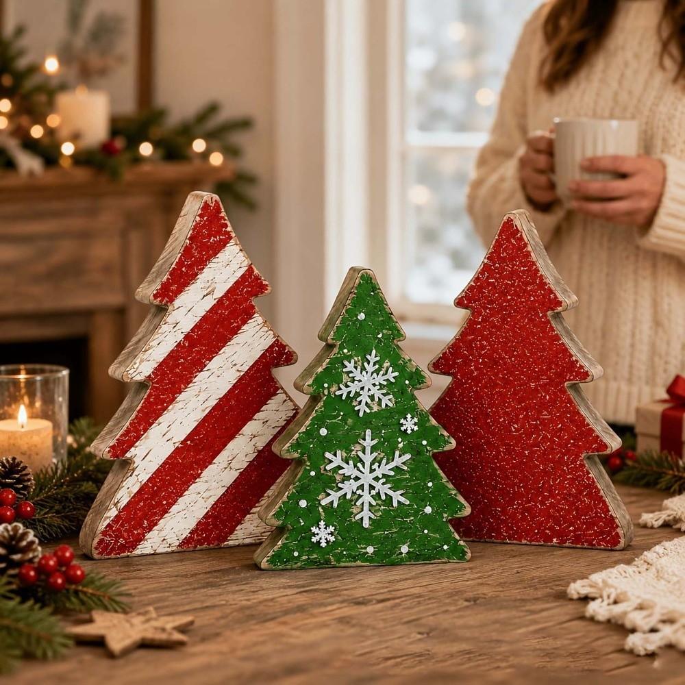 3/4/5pcs 2D Flat Wooden Christmas Tree Ornaments Tabletop Xmas Tree  Family Gathering
