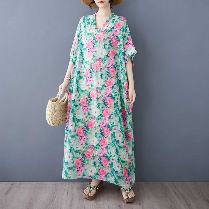 Summer Color Travel V-neck Retro Long Skirt Cotton Linen Dress