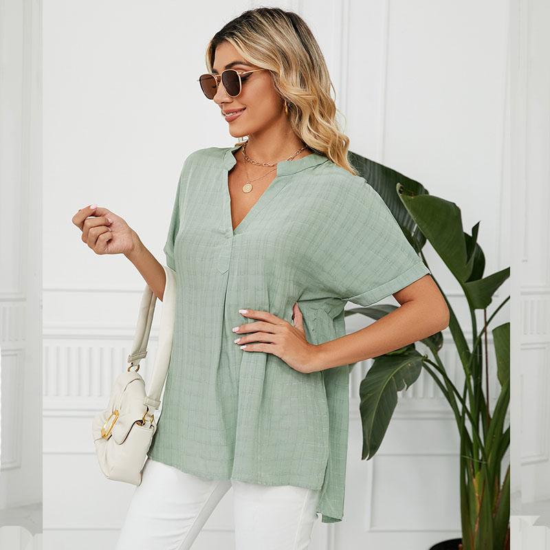 Summer Women's Shirt Thin V-neck Casual Pullover Solid Color Loose Shirt Top Women's T-shirt