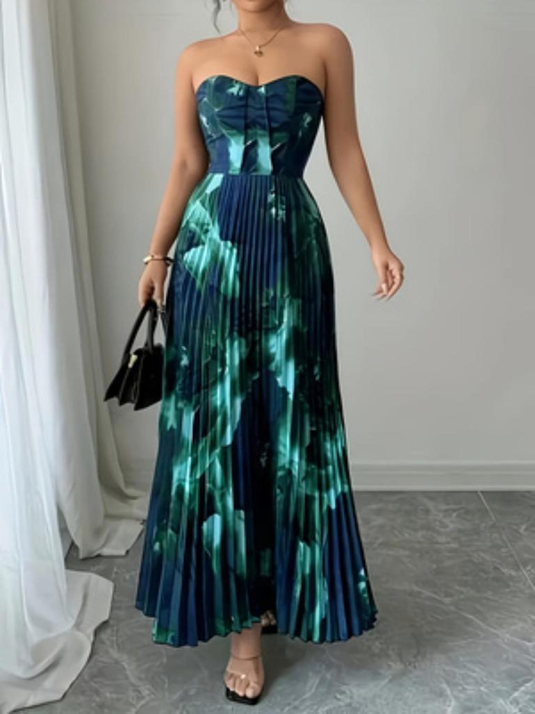 Summer European and American New Printed Tube Top Dress, Waist and Thin Holiday Style Elegant Dress Pleated