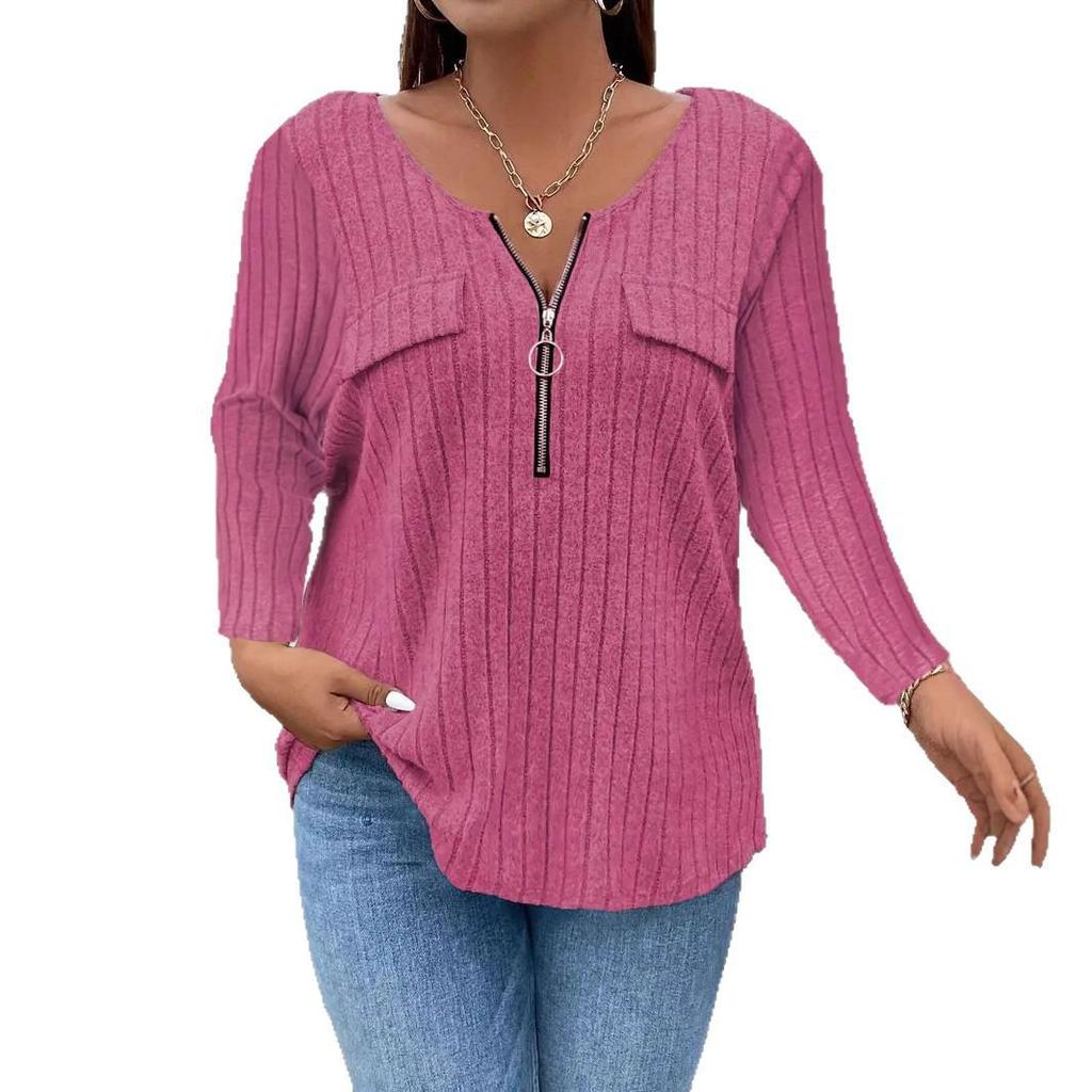 2025 Autumn/Winter European & American Plus Size Zipper Ribbed Long-Sleeve Women's Top