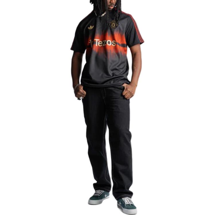 adidas Originals Manchester United Logo Stripe Pullover Short Sleeve Football Shirt Men Tops Black JF0377