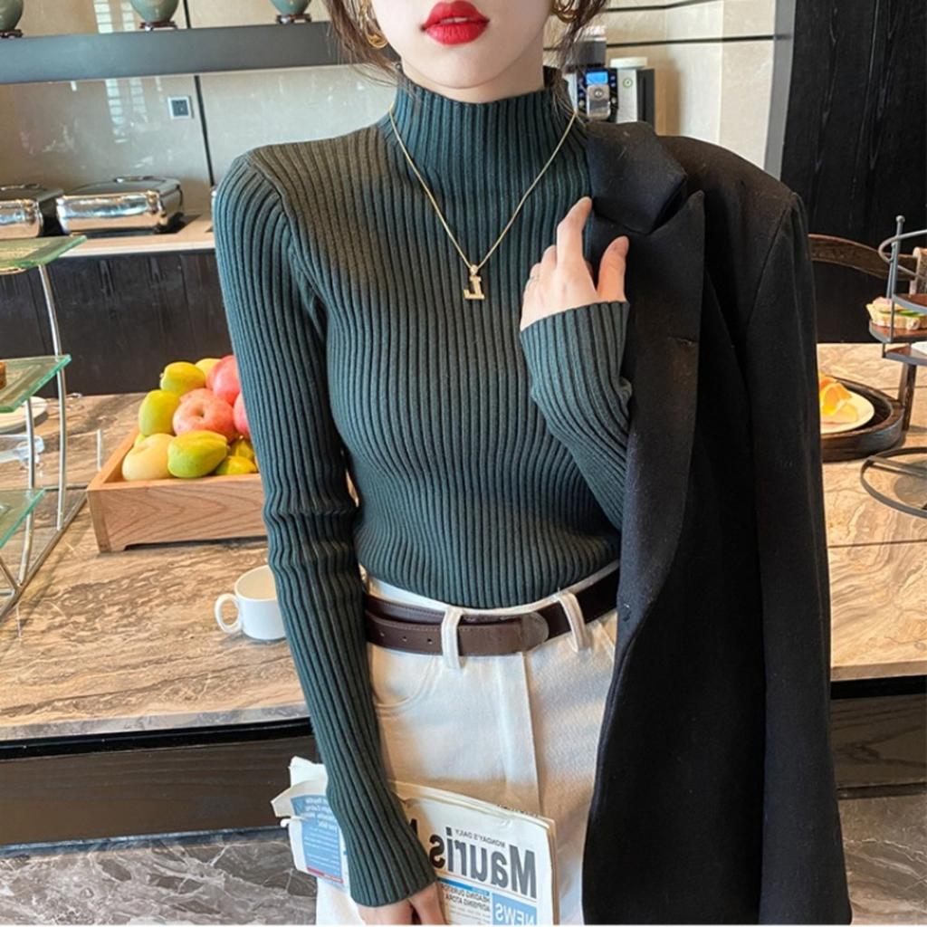 Half Height Collar Vertical Striped Sweater Base Shirt, Women's Spring and Autumn Long Sleeved Top, Inner Knit Sweater