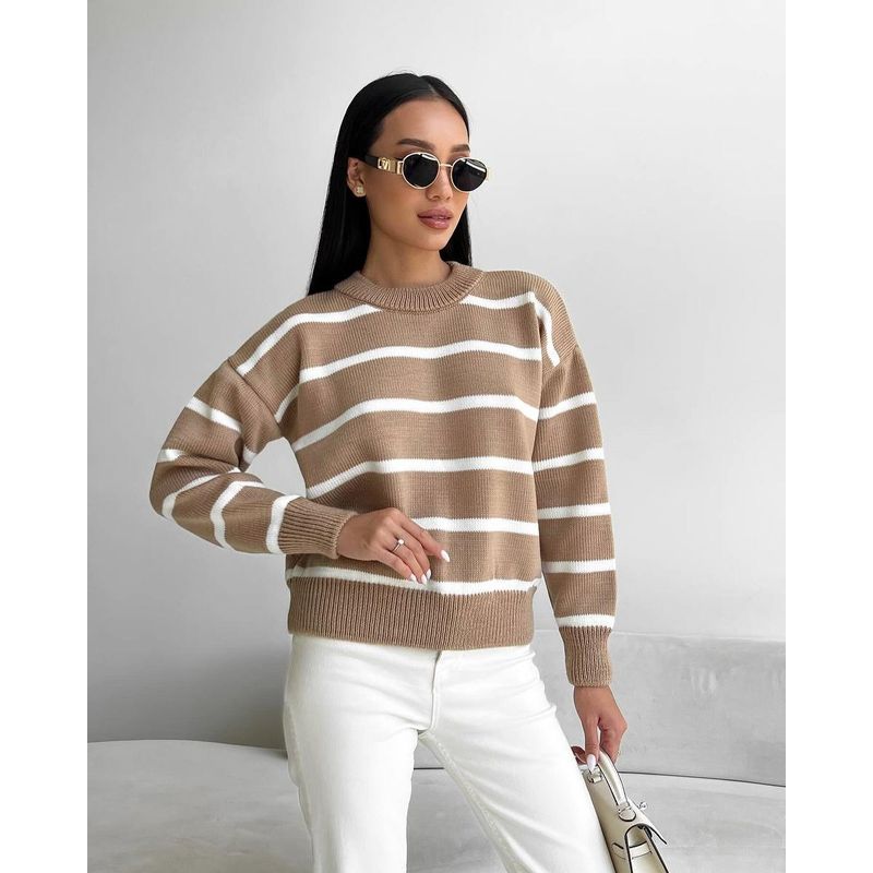 European and American Striped Knitted Round Neck Pullover Long Sleeve Bottoming Shirt Outdoor Sweater Women Knitted Sweater