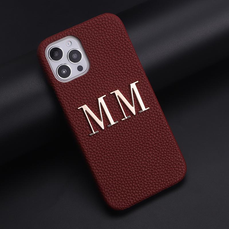 Custom Name Letter Gold Metal Genuine Leather Phone Cas for16 11 12 13 14 15Pro Max 16 15Plus XS XR Personalization Cover Luxury