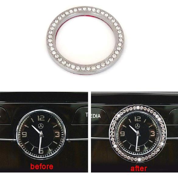 Pursuestar Bling Crystal Silver Car Central Console Round Clock Decoration Ring Cover Decals Trim for Mercedes Benz C E S GLC Class W213 E200 E300
