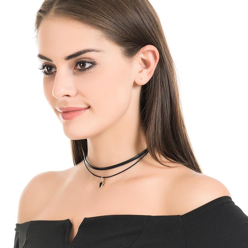 Japanese-Style Harajuku Pentagram Choker - Women's Double-Layer Black Leather Clavicle Chain Necklace