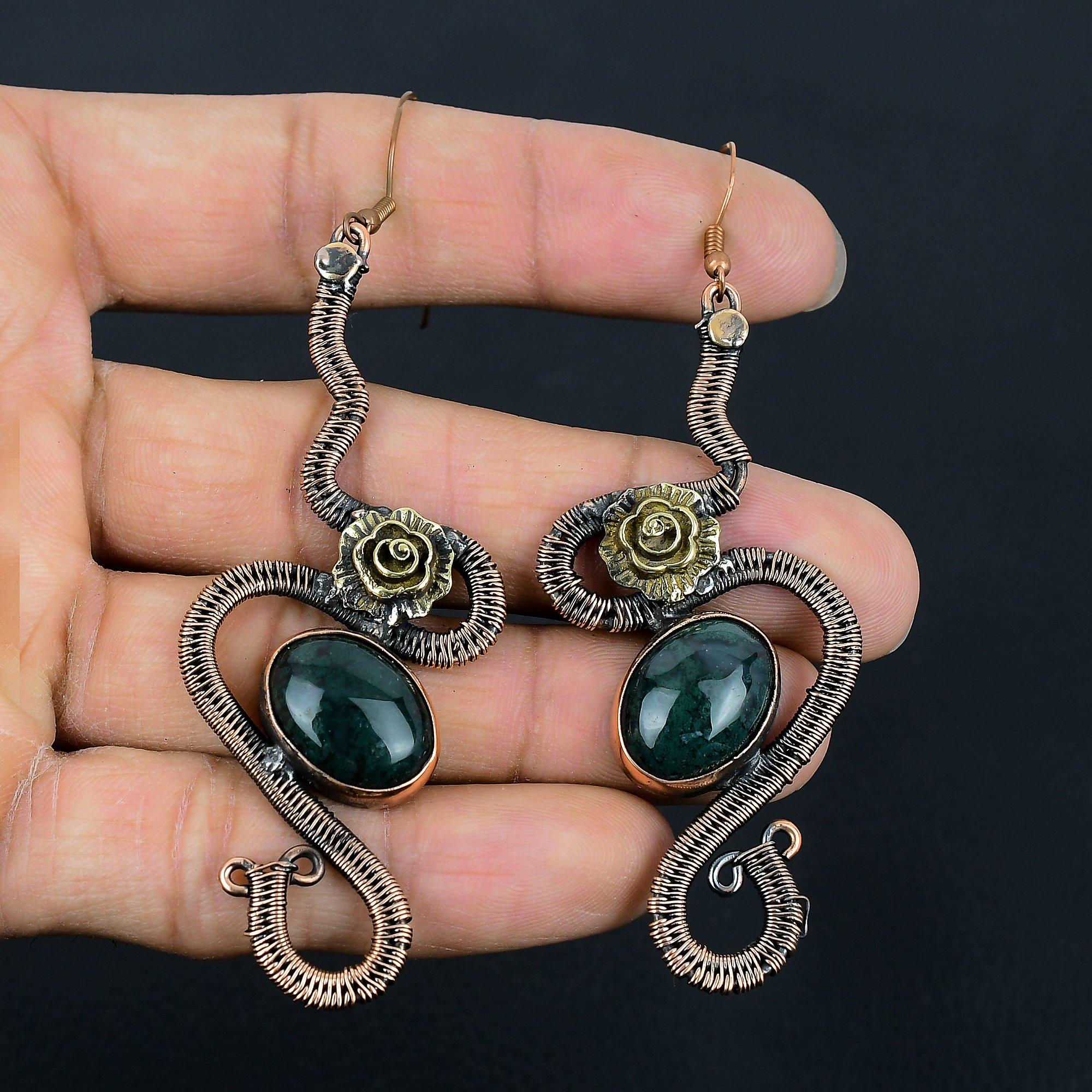 

Green Onyx Earrings, 999 Copper Wire Wrapped. Jewelry, Gift For Women Handmade Earrings Gemstone Jewelry 2.55 Inches