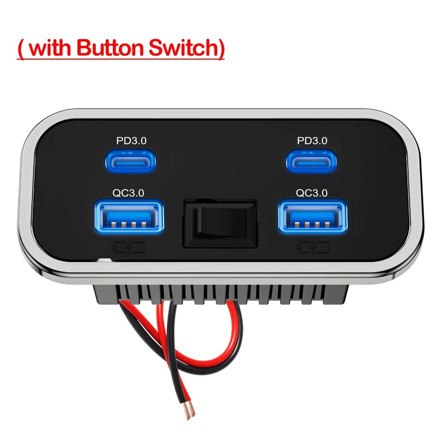 

4 порти 12 В USB-розетка для RV 76 Вт подвійна PD3.0 Type-C швидка зарядка та QC3.0 панельний настінний адаптер-зарядний пристрій для морського автобуса квадроцикла вантажівки with Button Switch