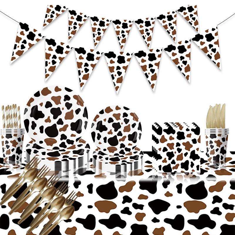 High-quality Party Tableware Set Black Brown Cow Print Paper Plates Cups And Utensils
