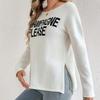 Womens Loose Fit Round Neck Knit Sweater With Letter Print Split Hem Casual Long Sleeve Top