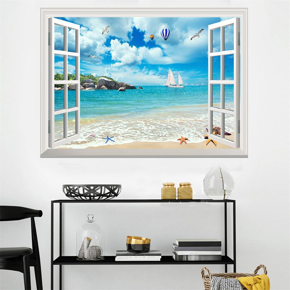 57*90cm 3D Plážový Racek Horkovzdušný Balón Falešné Okno Nástěnná Malba Obývací Pokoj Ložnice Odnímatelná Nástěnná Samolepka Hoom Dekor
