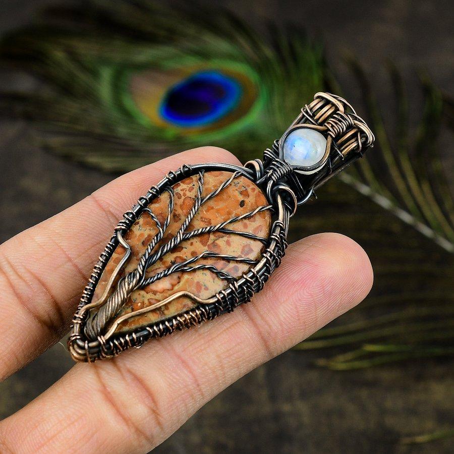 Leopard Skin, Moonstone Gemstone Copper Wire Wrap Jewelry Pendant 2.80"