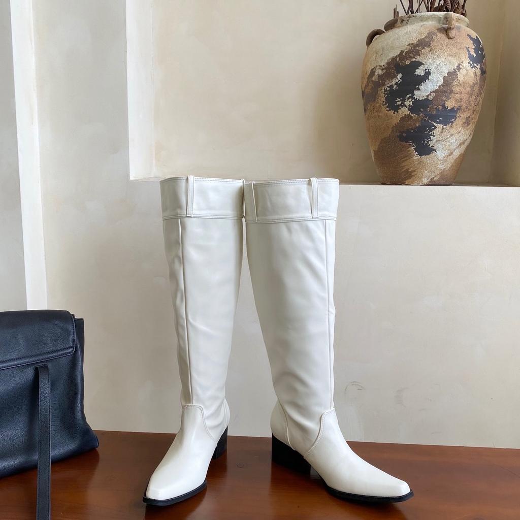Boots women's summer 2025 new big tube circumference high boots pointed thick heel pile boots western cowboy knight boots
