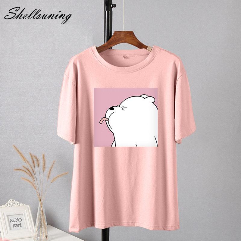 Shellsuning Summer Cute Printed Cotton T Shirt Women Loose Short Sleeve Trend Tees Female Casual Streetwear All-match Basic Tops