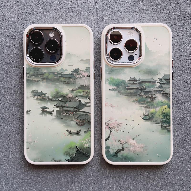 Mountains and Streams Pavilion Ink Brush Painting Phone Case for iPhone 12 13 14 11 Pro Max X XR XS 14 7 8 Plus SE Silicon Cover